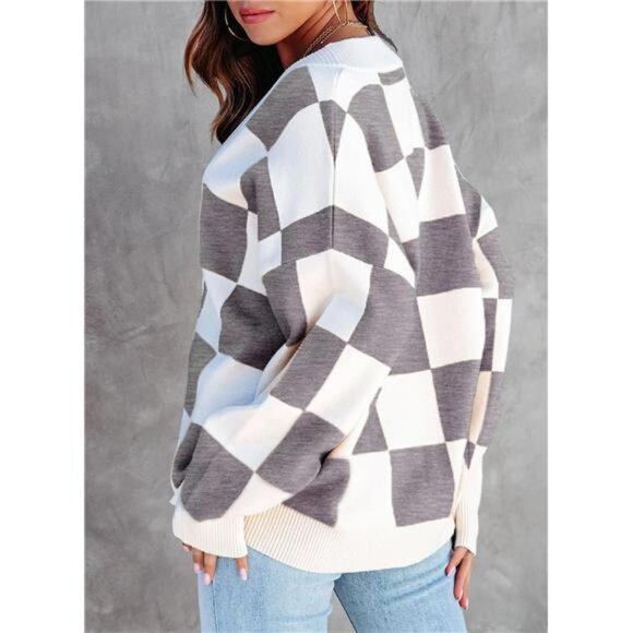 NEW Womens Plaid V Neck Button Down Long Sleeve Cable Knit Oversized Cardigan - Picture 3 of 6